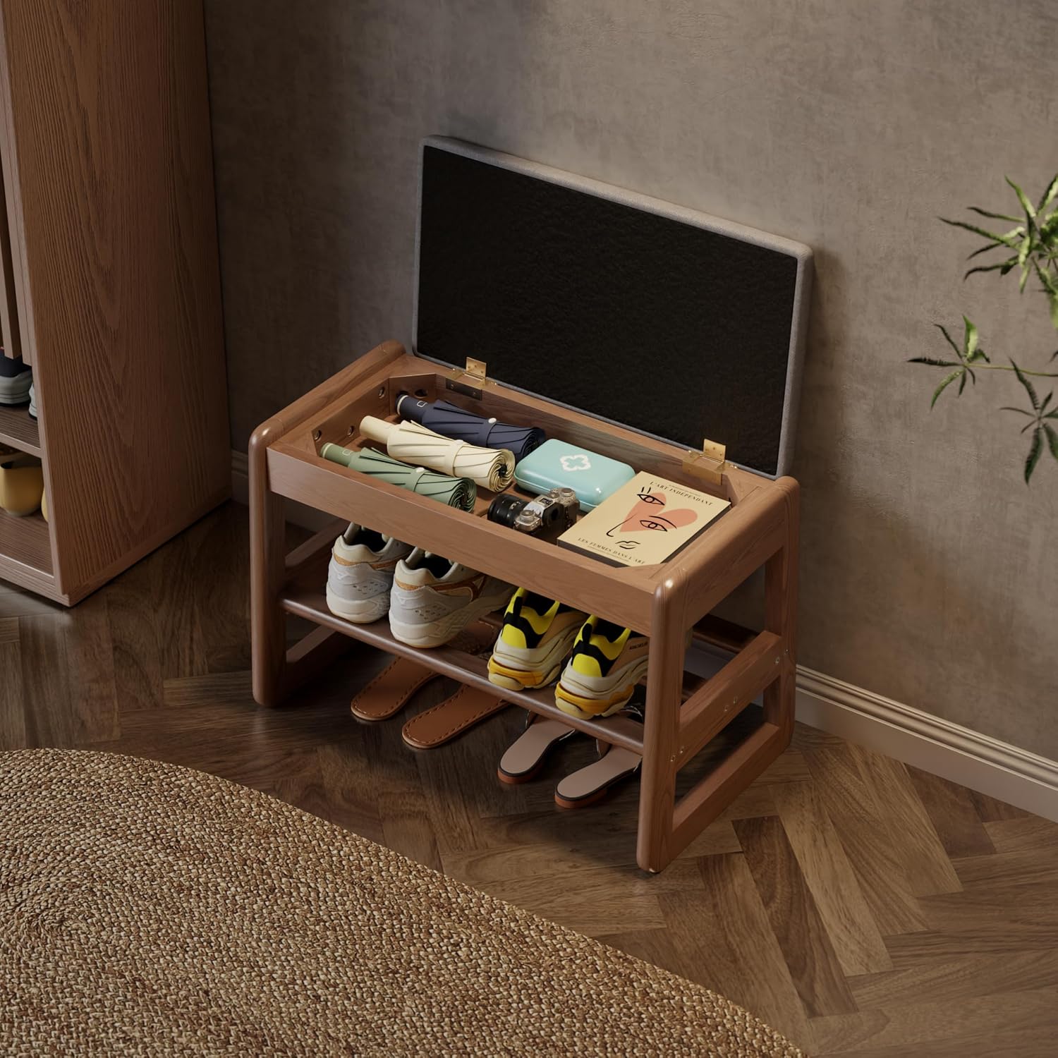 Walnut Cushioned Flip Top Shoe Bench