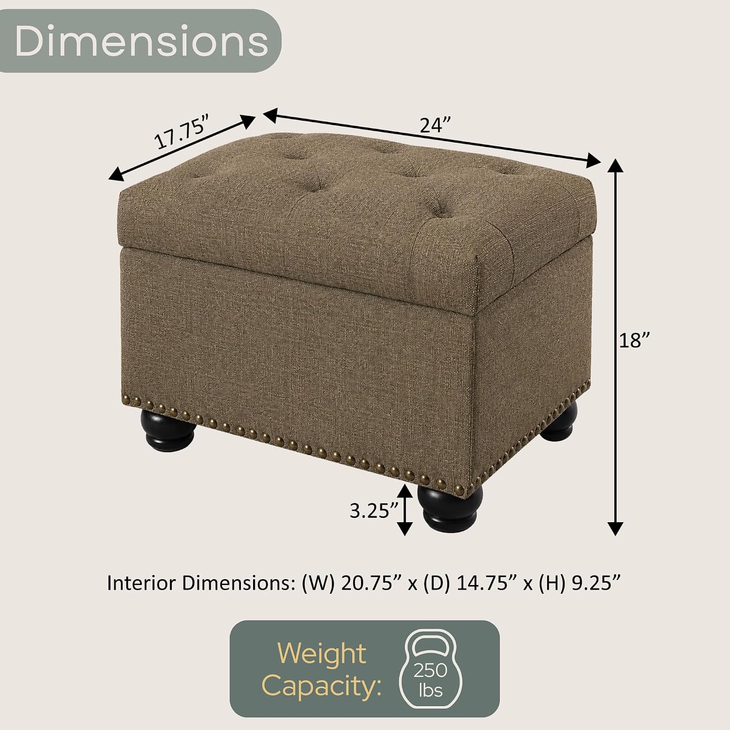 24 Inch Sandstone Fabric Storage Ottoman