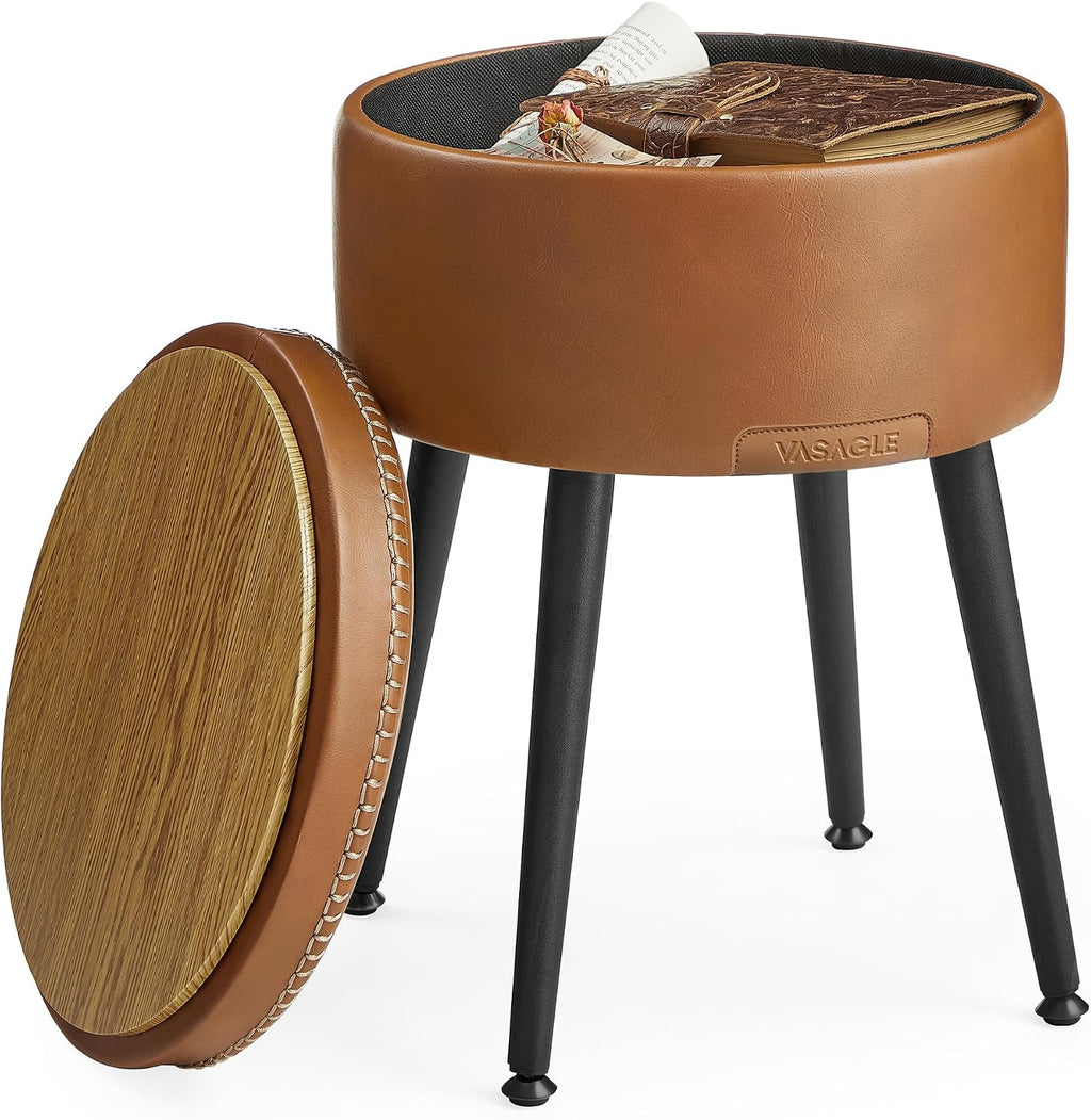 Caramel Round Leather Storage Ottoman