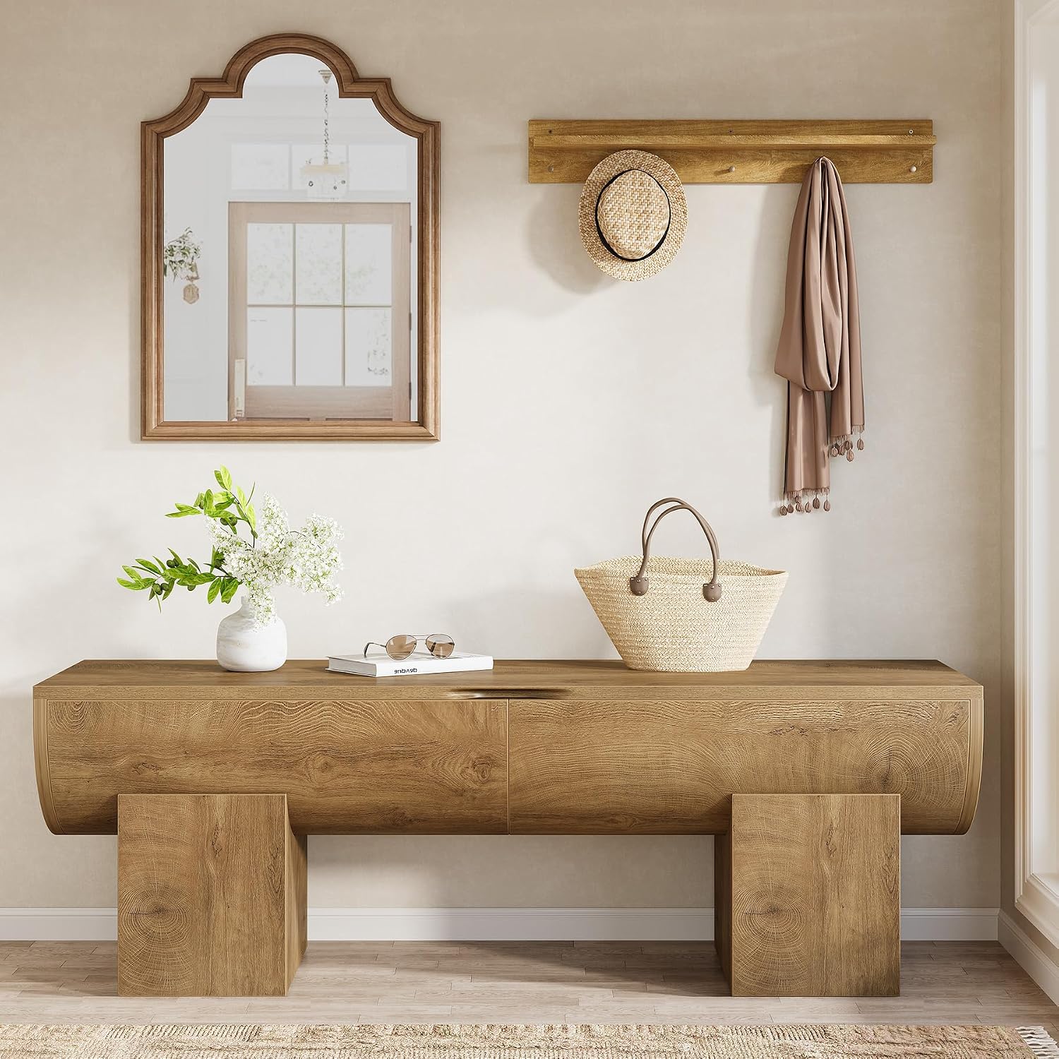 55 Inch Natural Farmhouse Flip Top Storage Bench