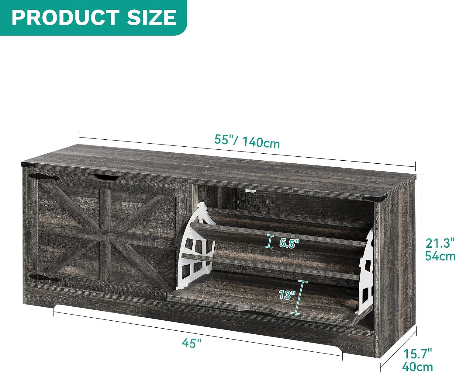 55 Inch Farmhouse Drawer Shoe Storage Bench