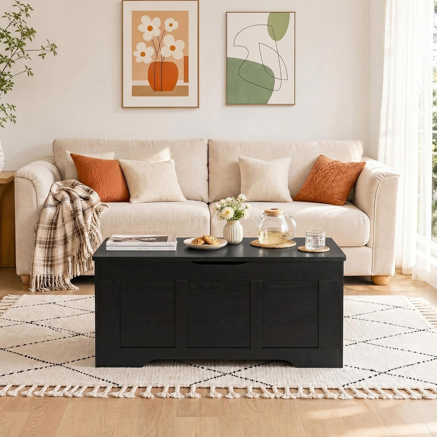39.4 Inch Black Flip Top Wooden Storage Bench