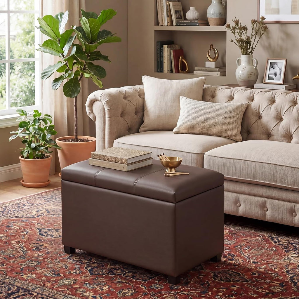 24 Inch Brown Leather Storage Ottoman Bench