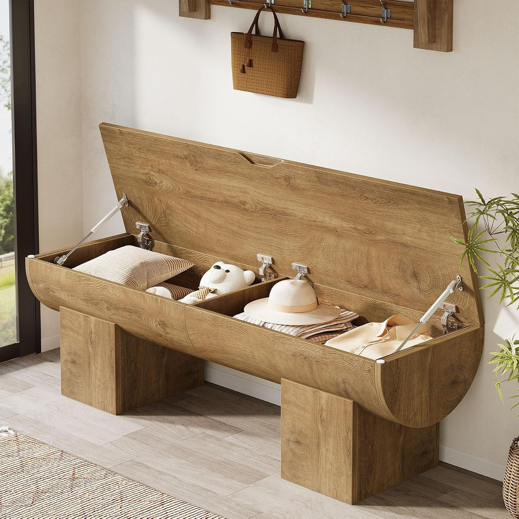 55 Inch Natural Farmhouse Flip Top Storage Bench