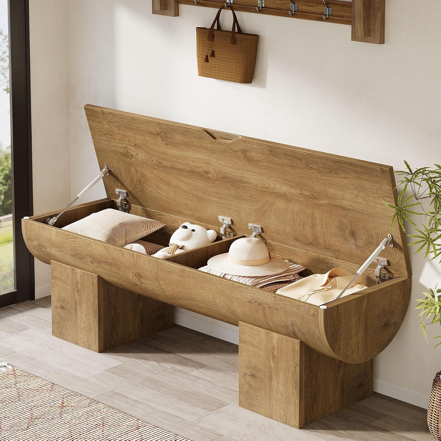 55 Inch Natural Farmhouse Flip Top Storage Bench