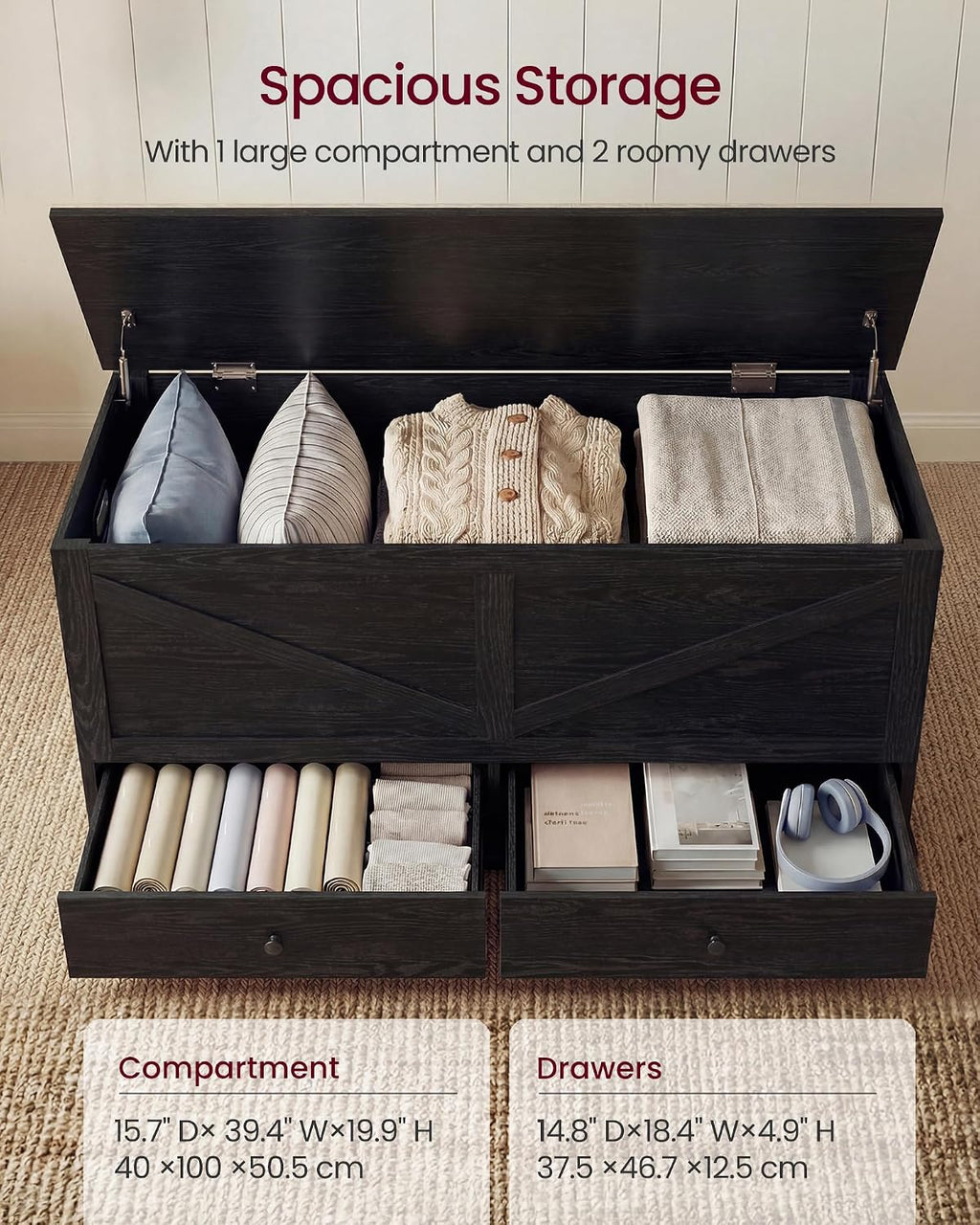 Black Farmhouse Storage Bench With Drawers