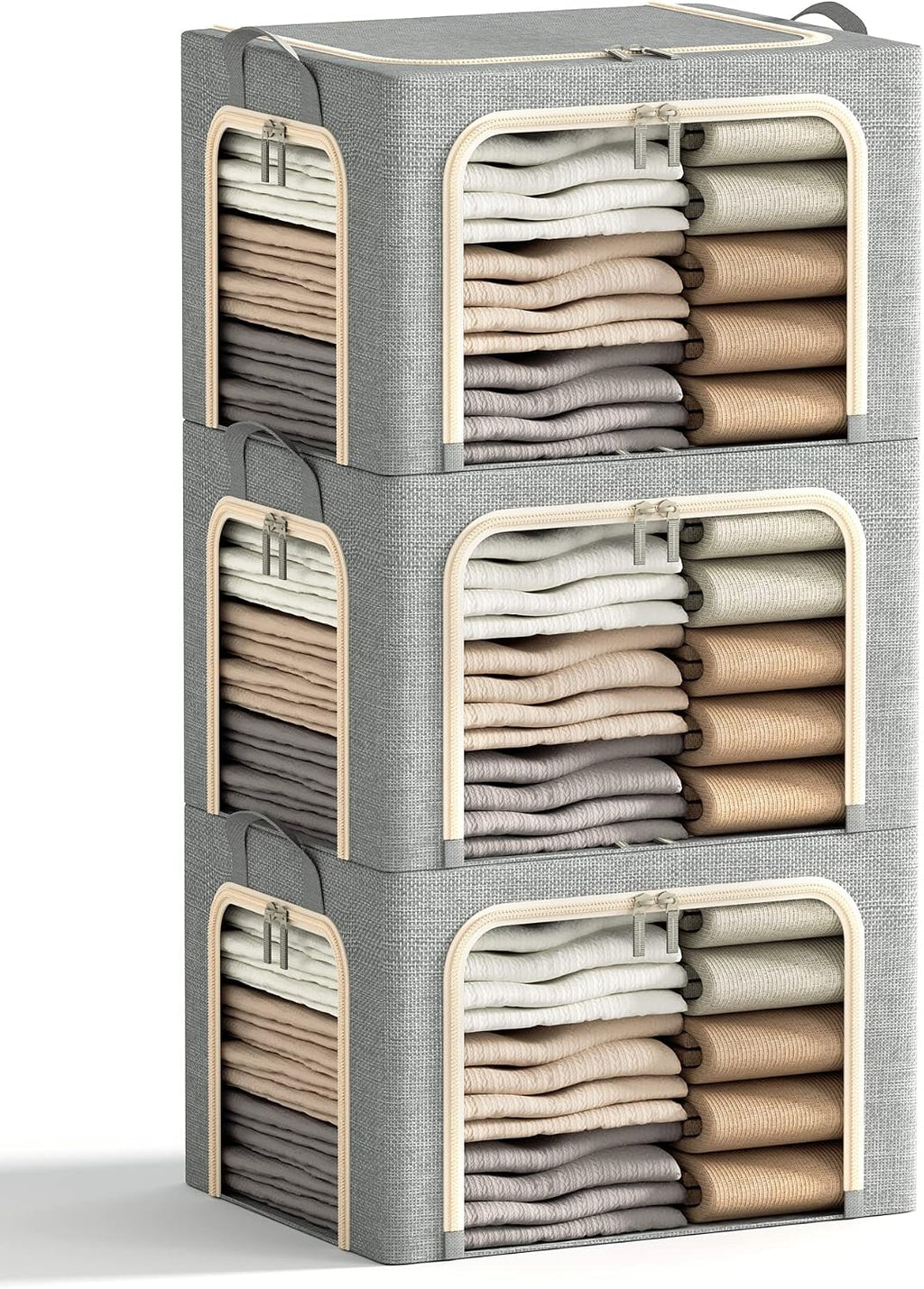3 Pcs Light Grey Metal Frame Storage Bins