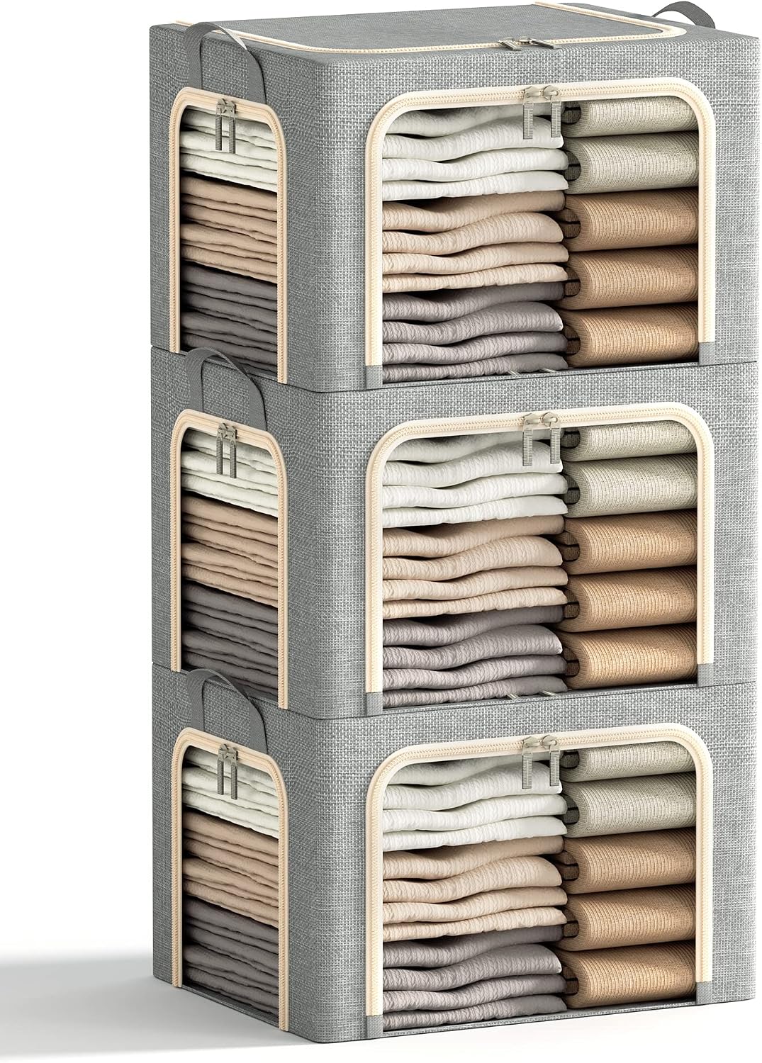 3 Pcs Light Grey Metal Frame Storage Bins