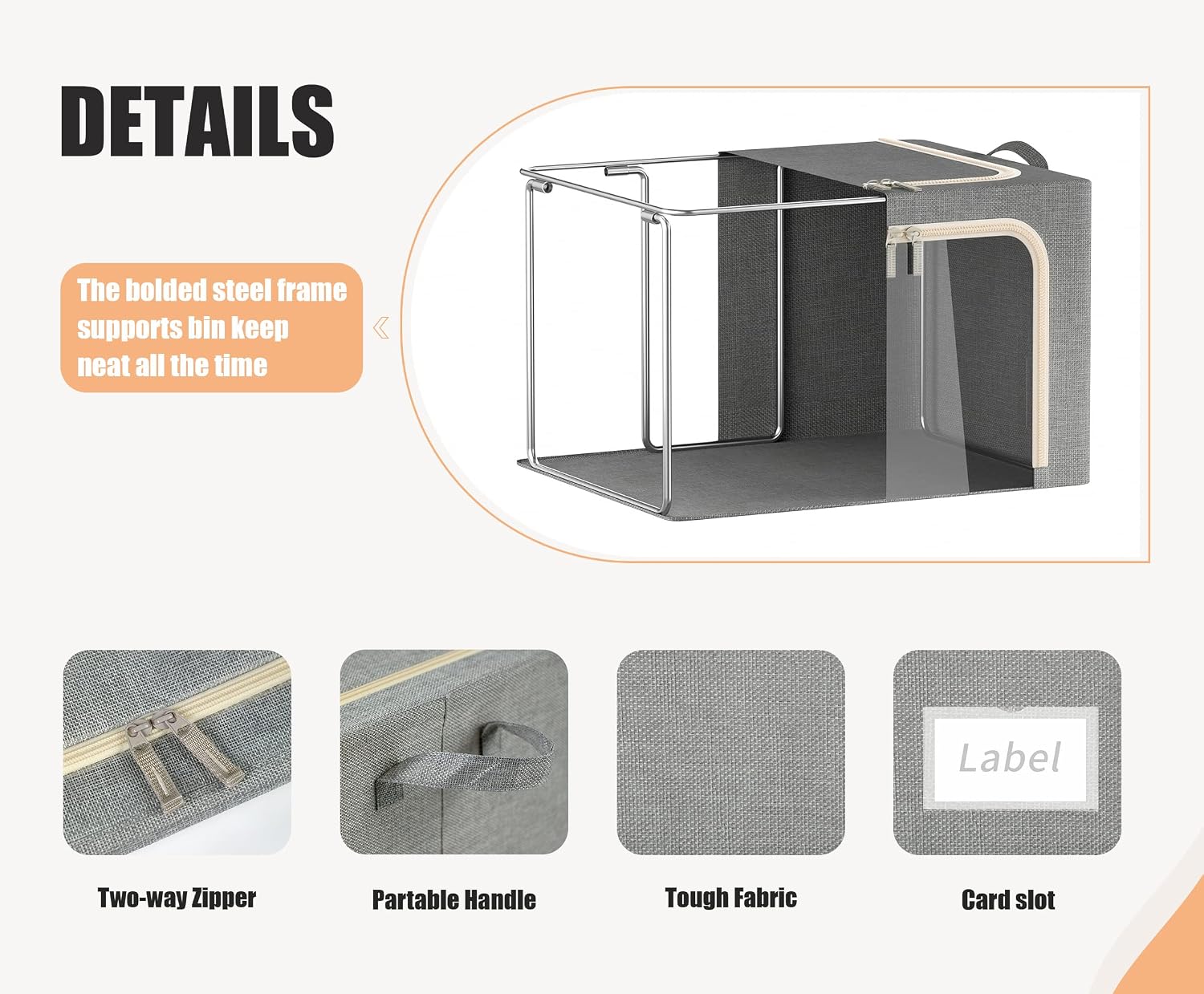 3 Pcs Light Grey Metal Frame Storage Bins