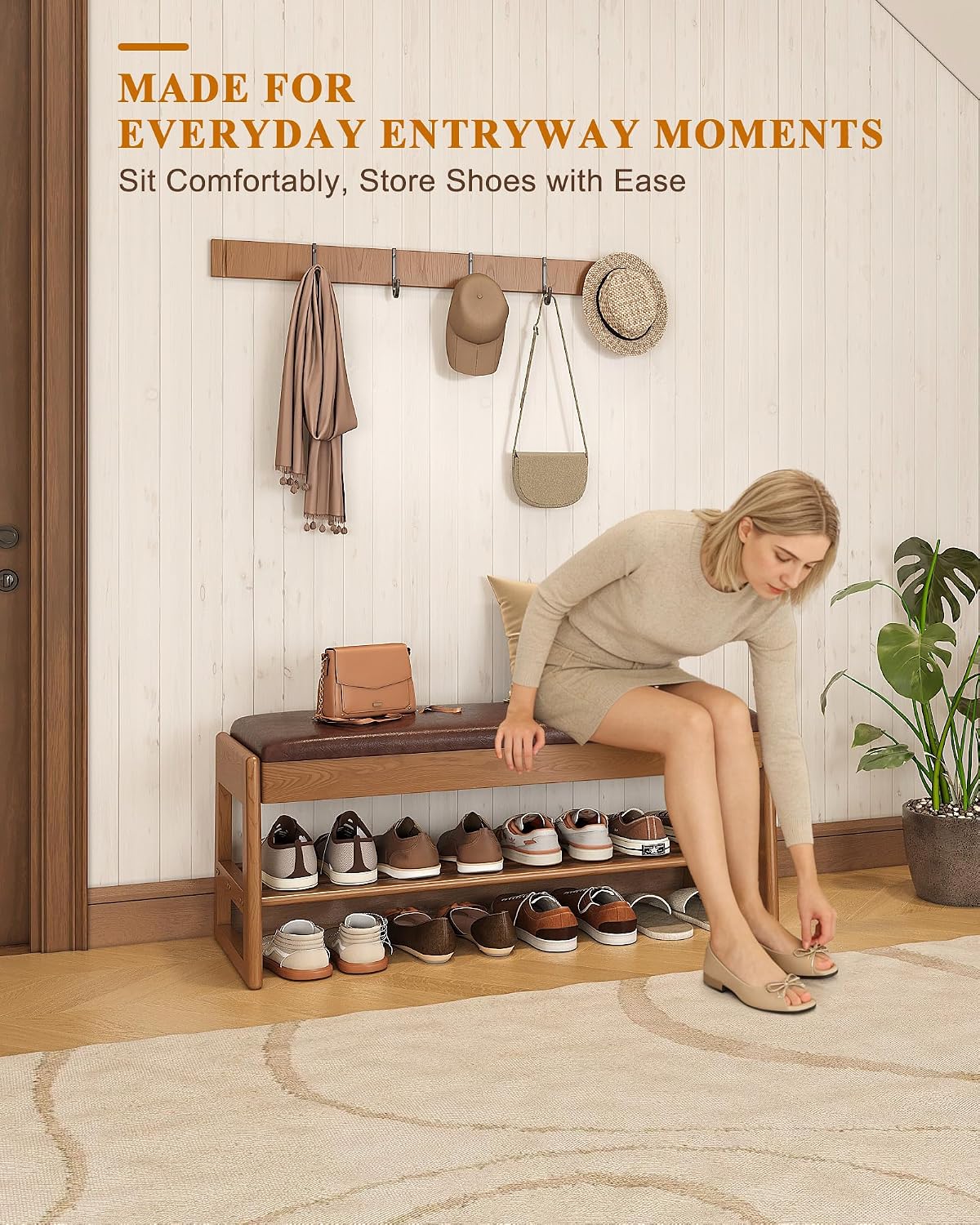 Wood Leather Cushion Storage Shoe Bench