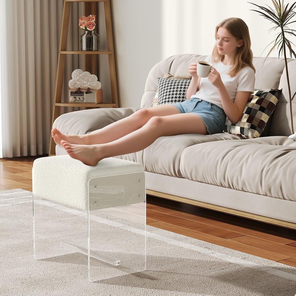 White Padded Clear Acrylic Leg Vanity Stool