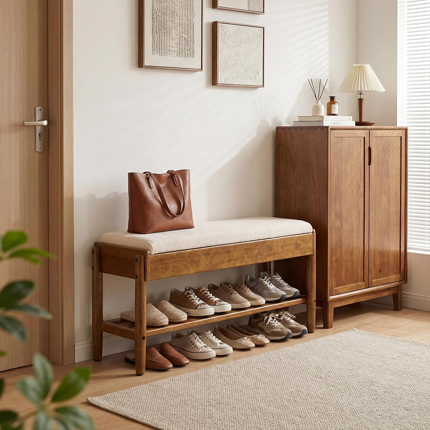 39.3 Inch Chenille Cushion Shoe Storage Bench