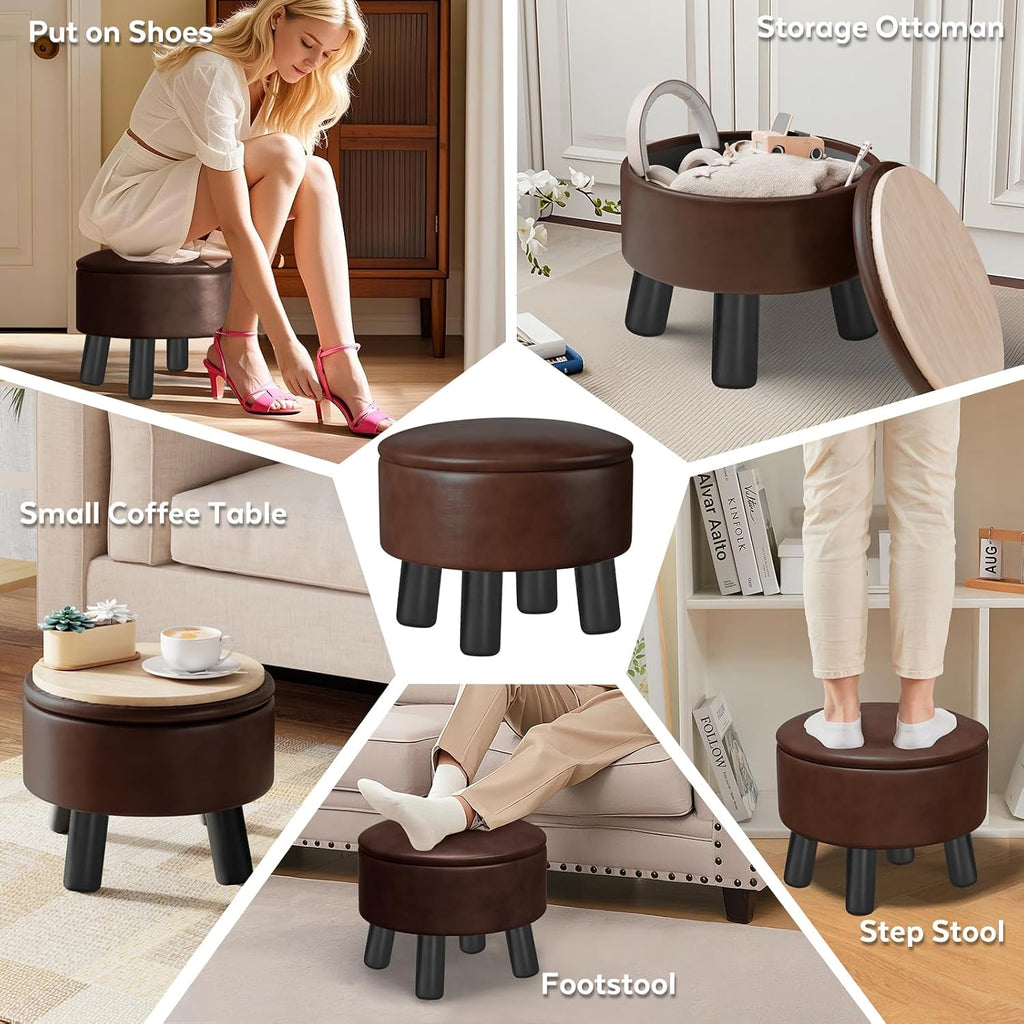 Brown Round Leather Storage Ottoman