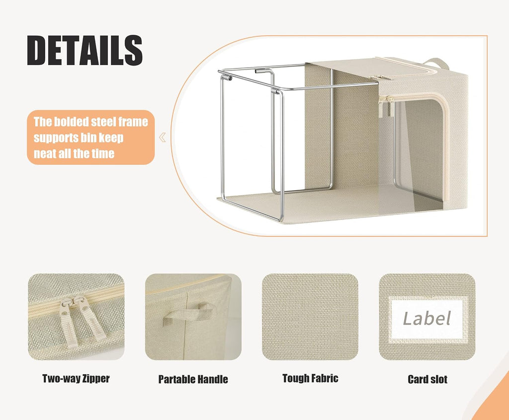 3 Beige Metal Frame Storage Bins