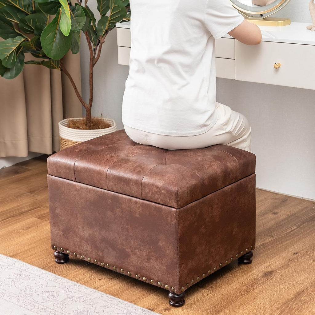 24" Tufted Leather Storage Ottoman Bench