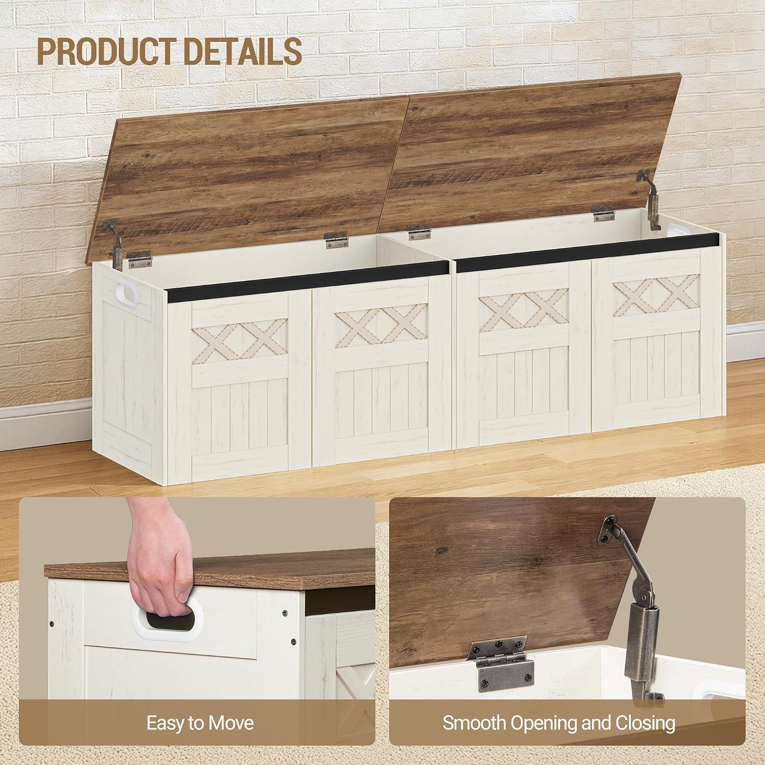 59 Inch Retro White Wooden Storage Bench Chest