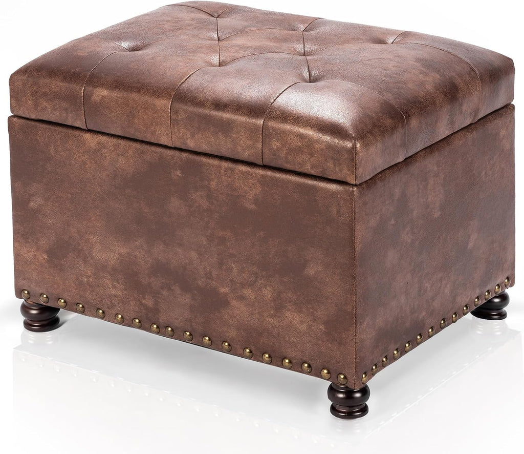 24" Tufted Leather Storage Ottoman Bench