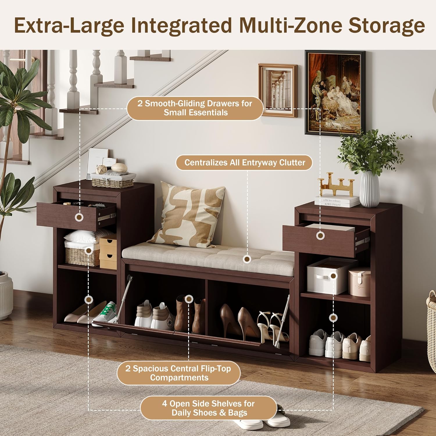 Espresso Farmhouse Multi Storage Shoe Bench
