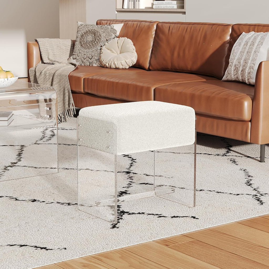 White Padded Clear Acrylic Leg Vanity Stool
