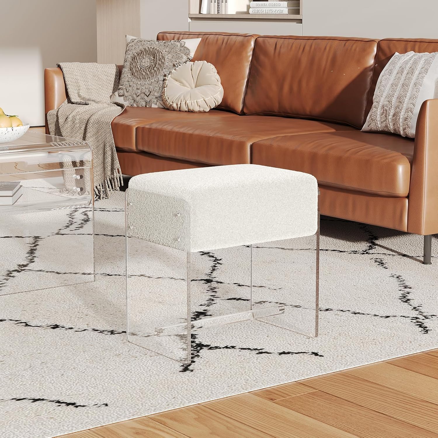 White Padded Clear Acrylic Leg Vanity Stool