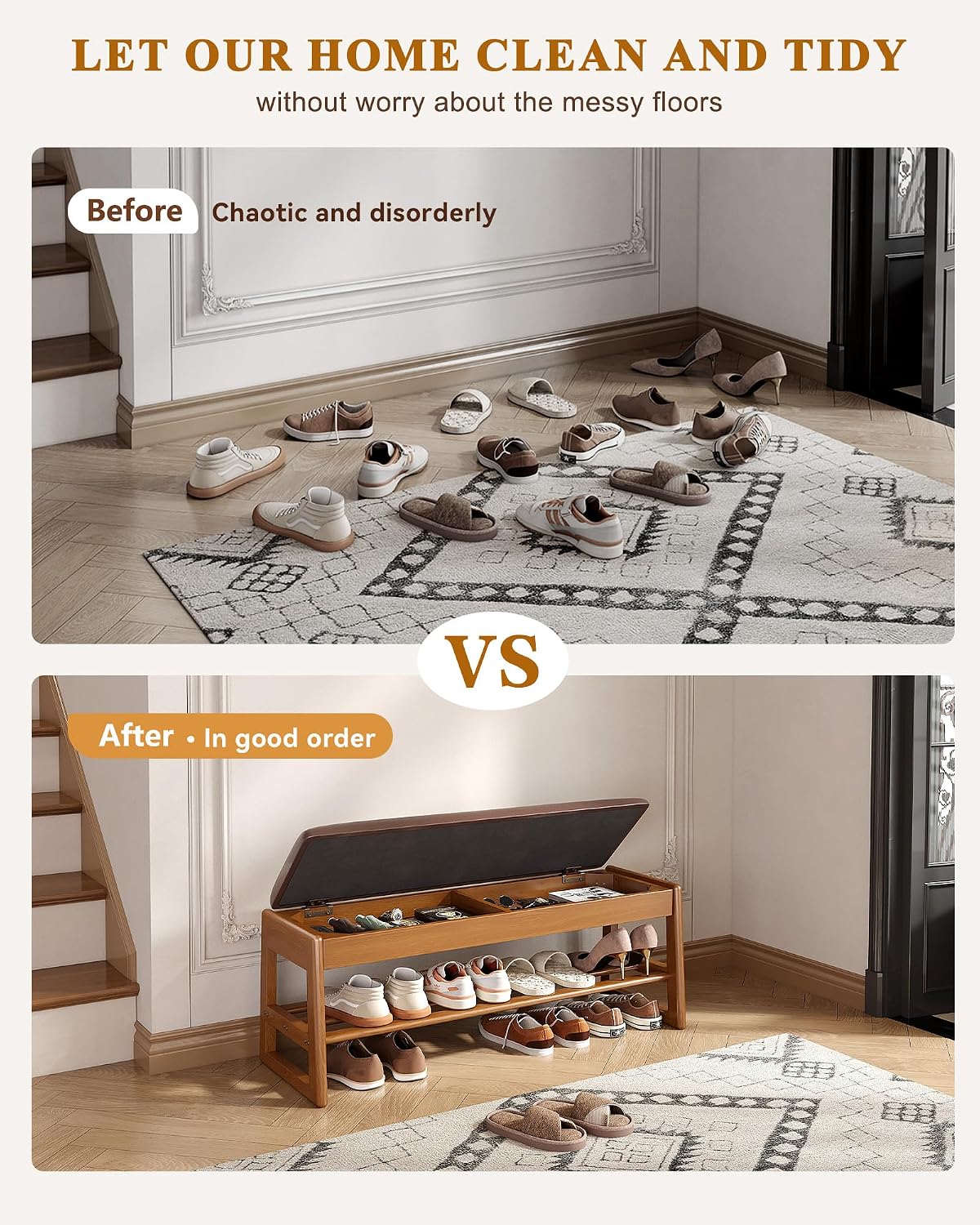 Wood Leather Cushion Storage Shoe Bench