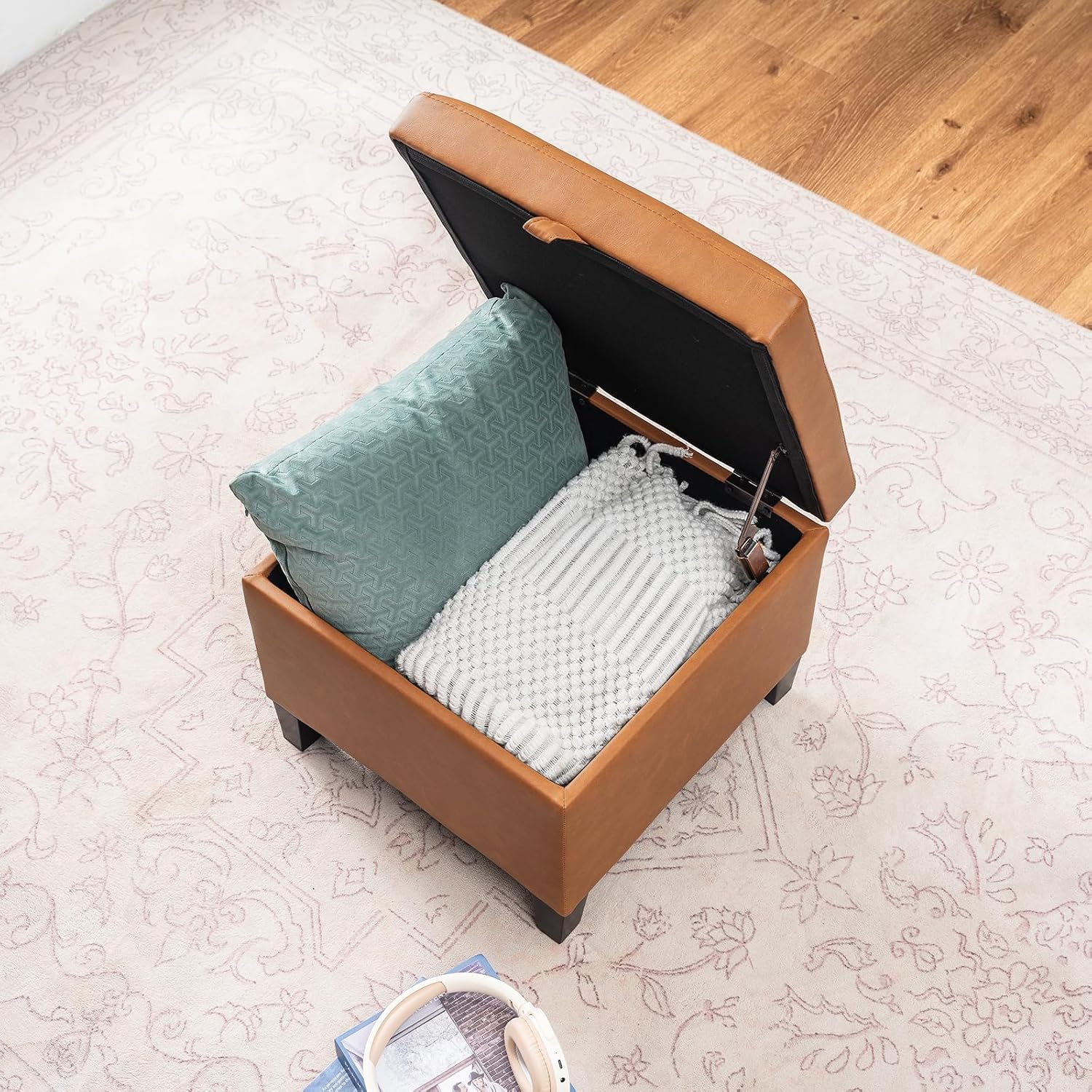 Square Brown Leather Storage Ottoman
