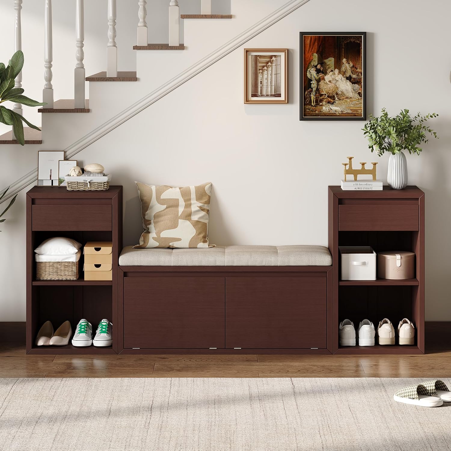 Espresso Farmhouse Multi Storage Shoe Bench