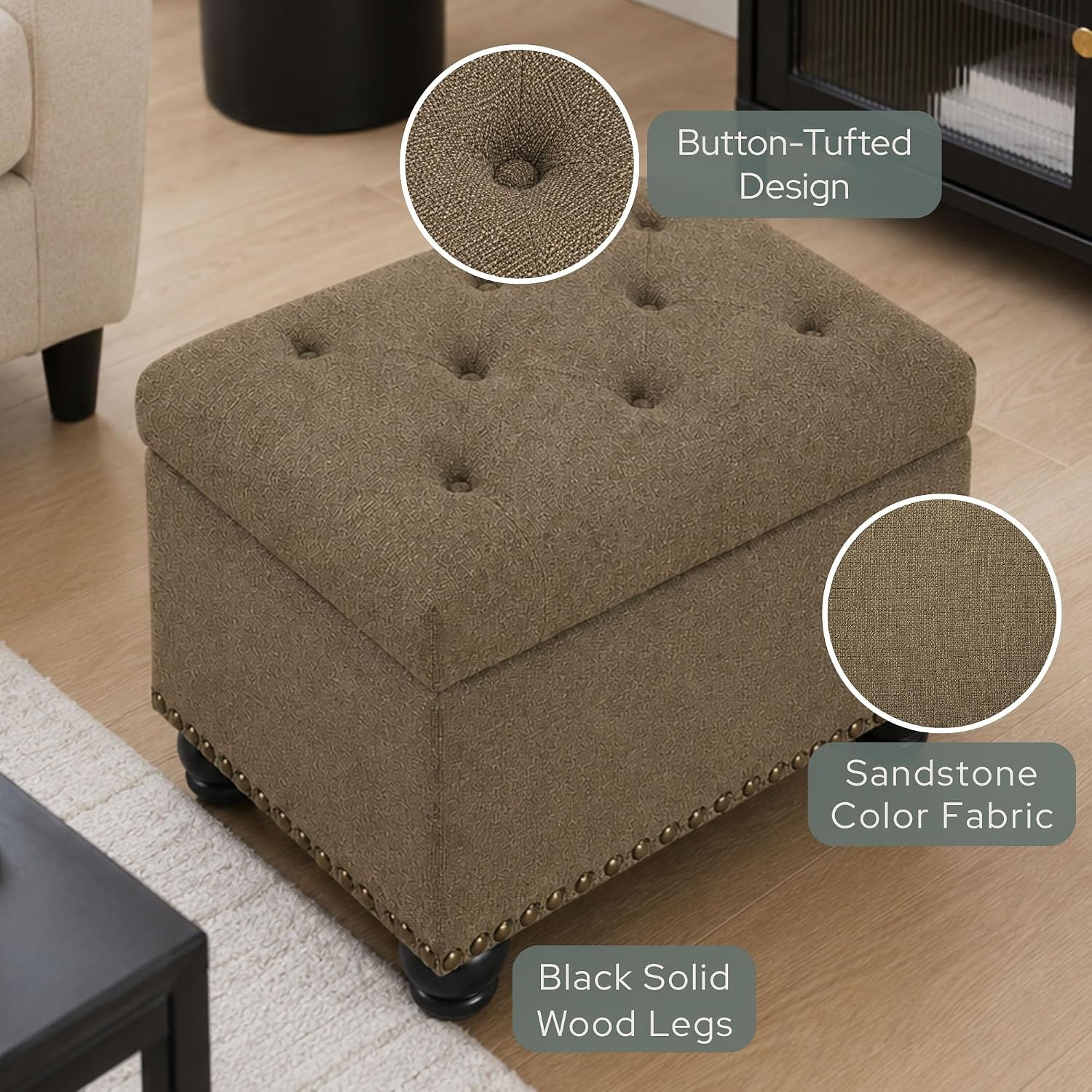 24 Inch Sandstone Fabric Storage Ottoman