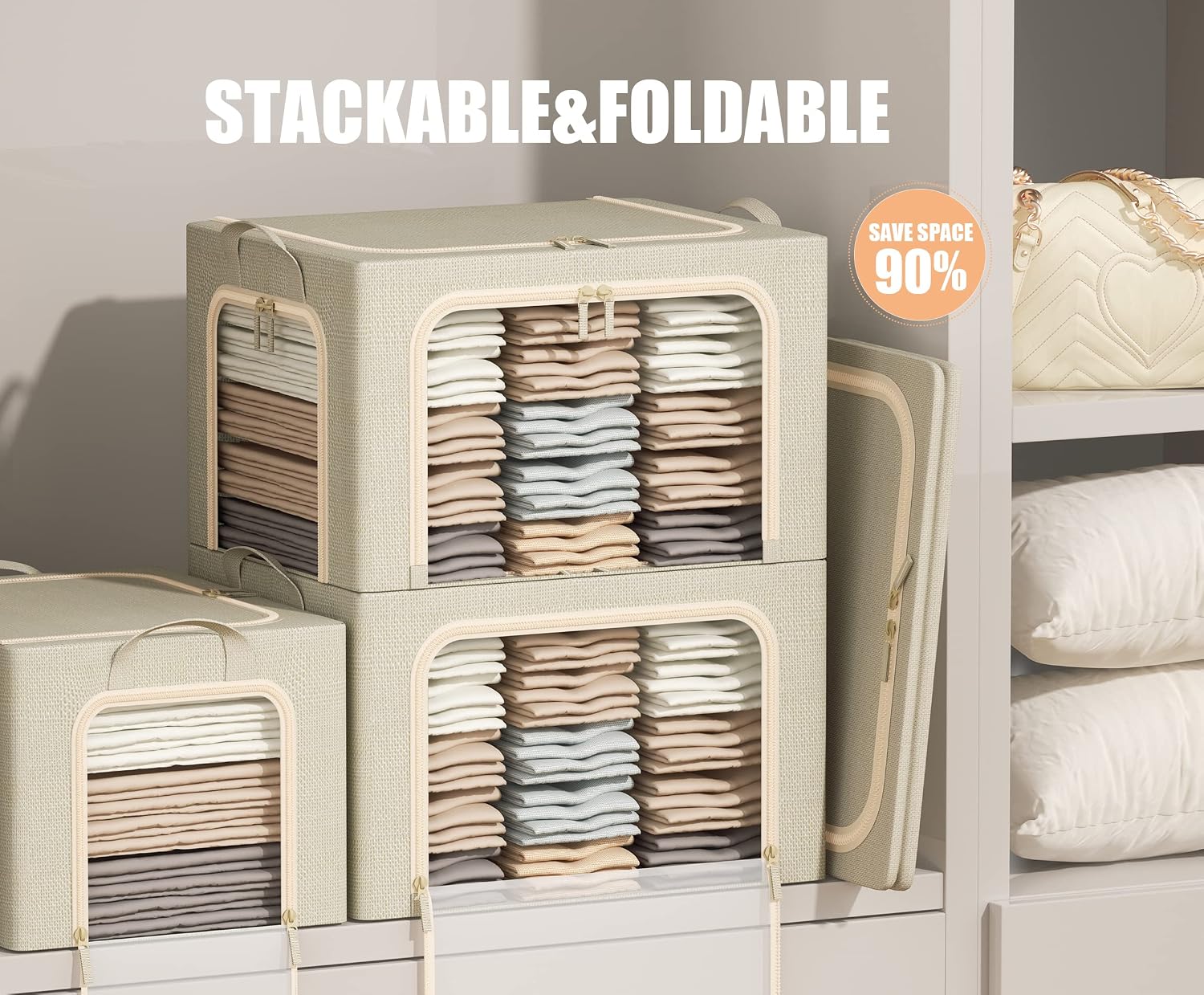 3 Beige Metal Frame Storage Bins