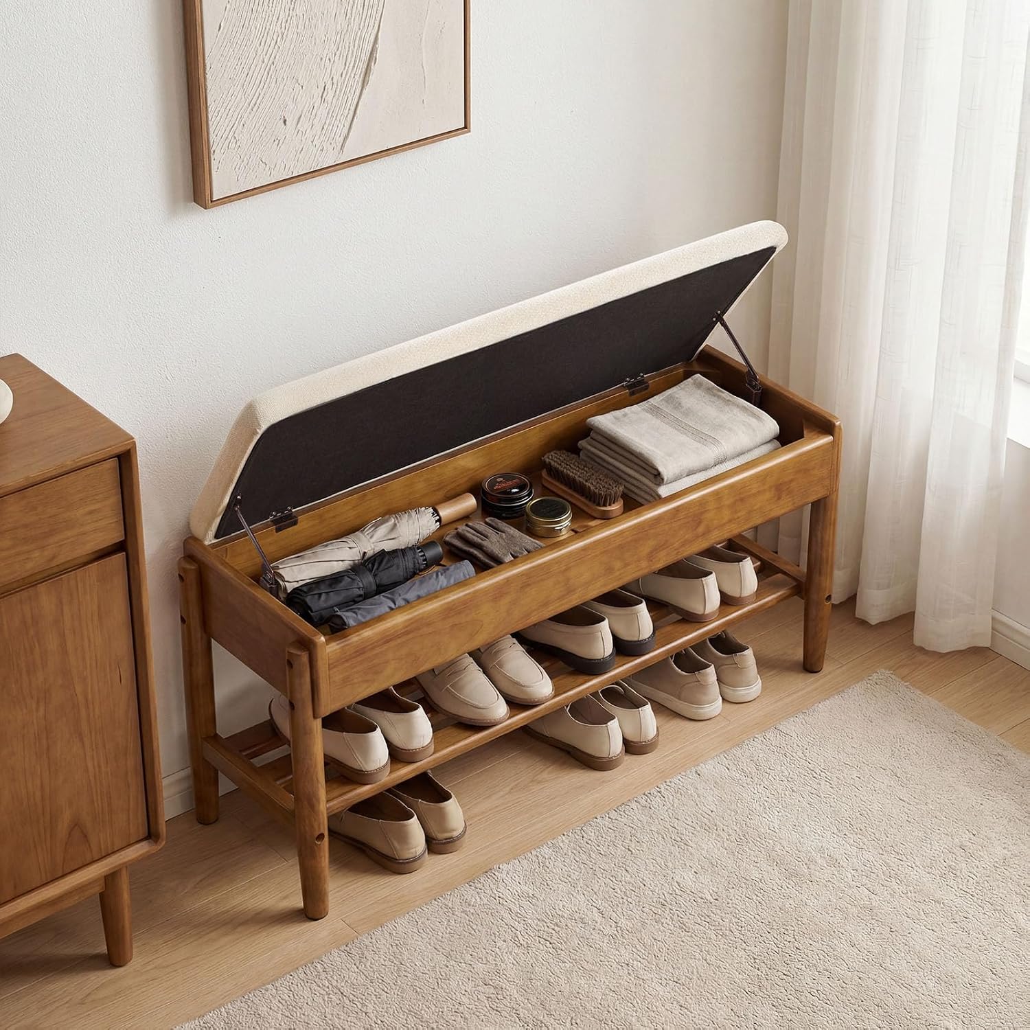 39.3 Inch Chenille Cushion Shoe Storage Bench