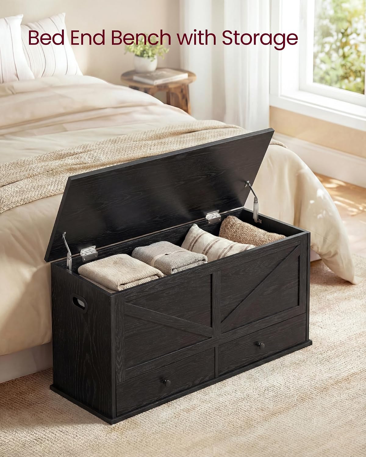 Black Farmhouse Storage Bench With Drawers