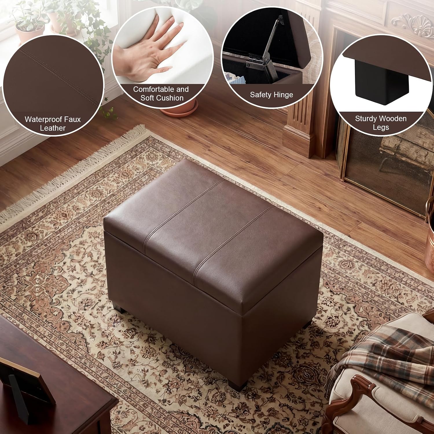 24 Inch Brown Leather Storage Ottoman Bench