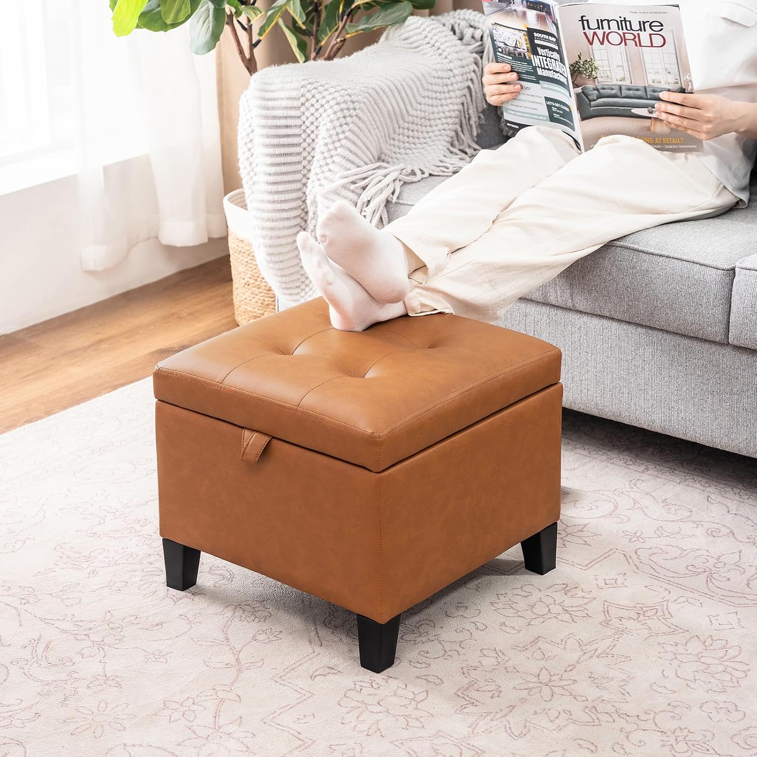 Square Brown Leather Storage Ottoman