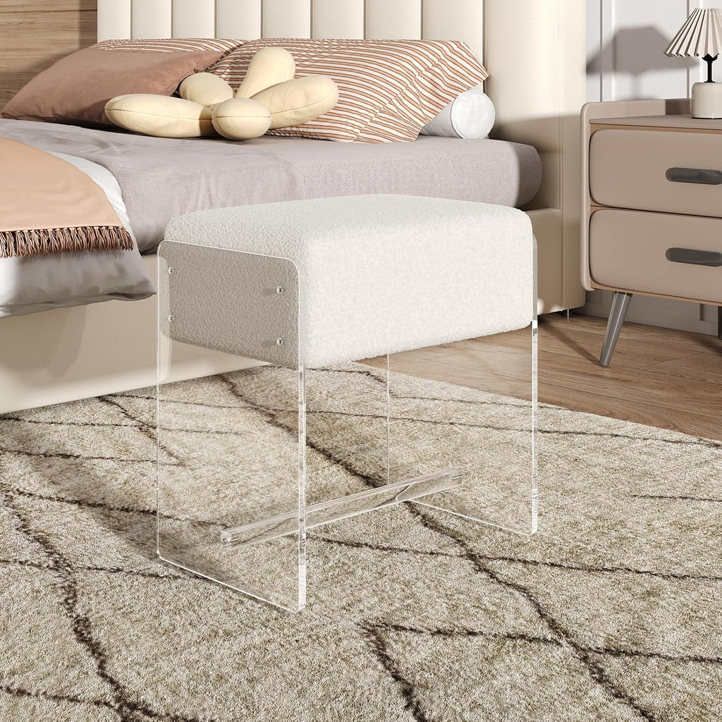 White Padded Clear Acrylic Leg Vanity Stool