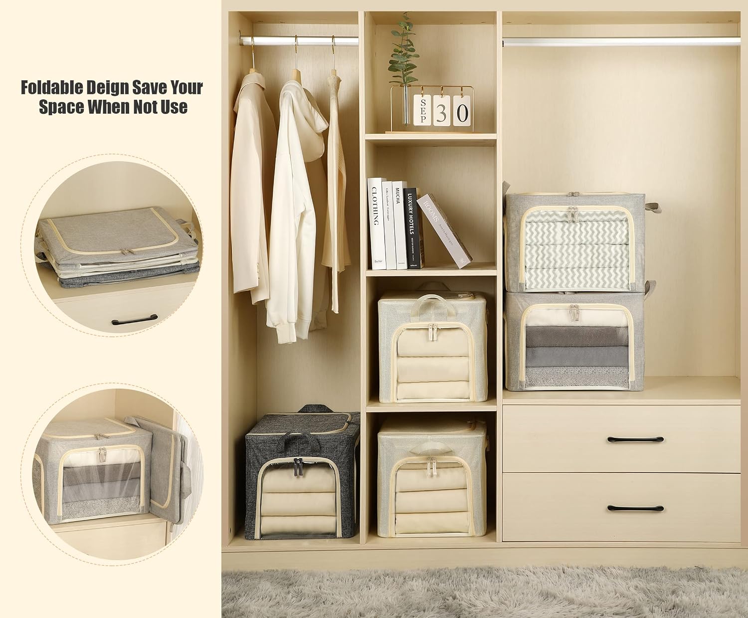 3 Pcs Light Grey Metal Frame Storage Bins