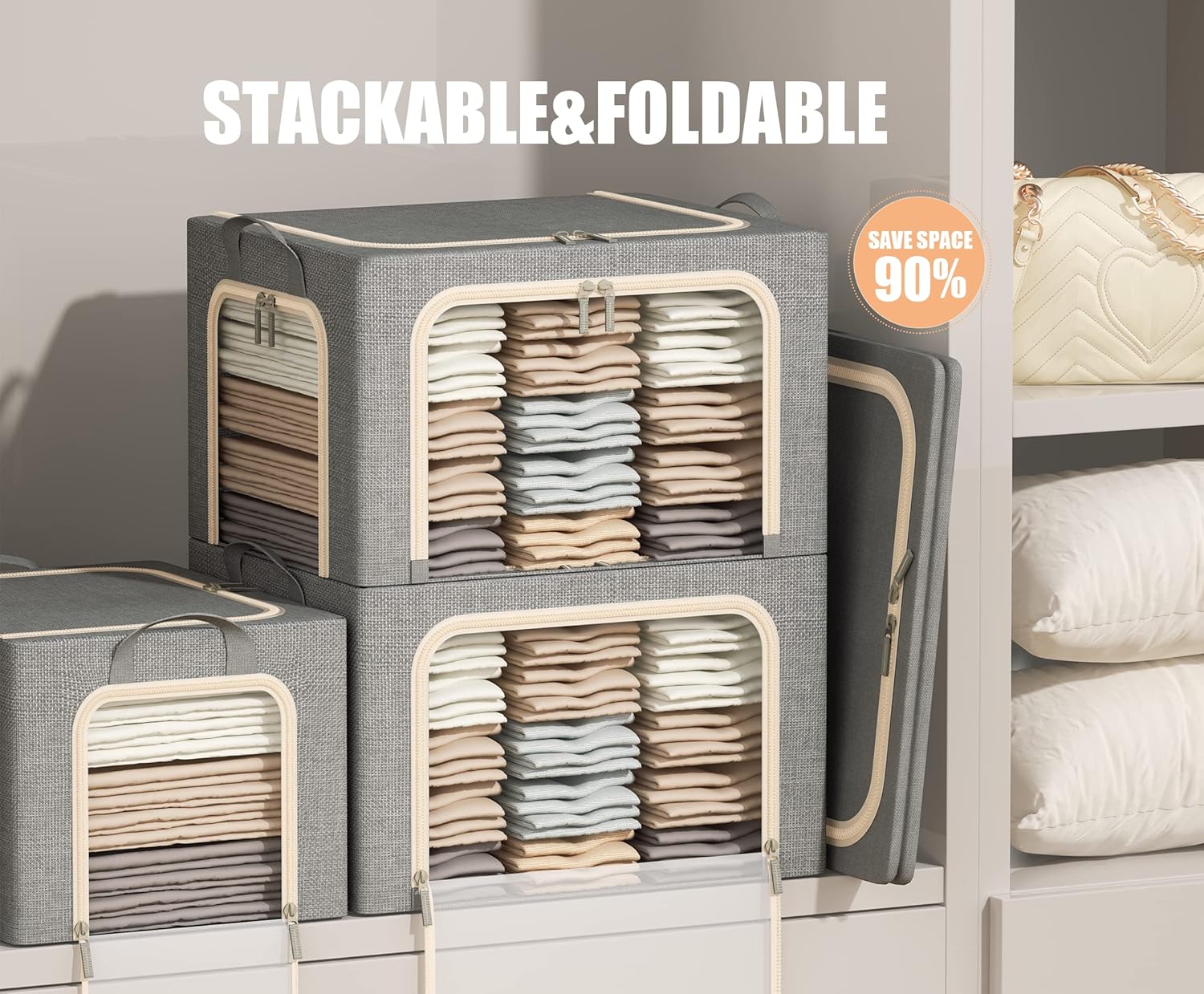 3 Pcs Light Grey Metal Frame Storage Bins