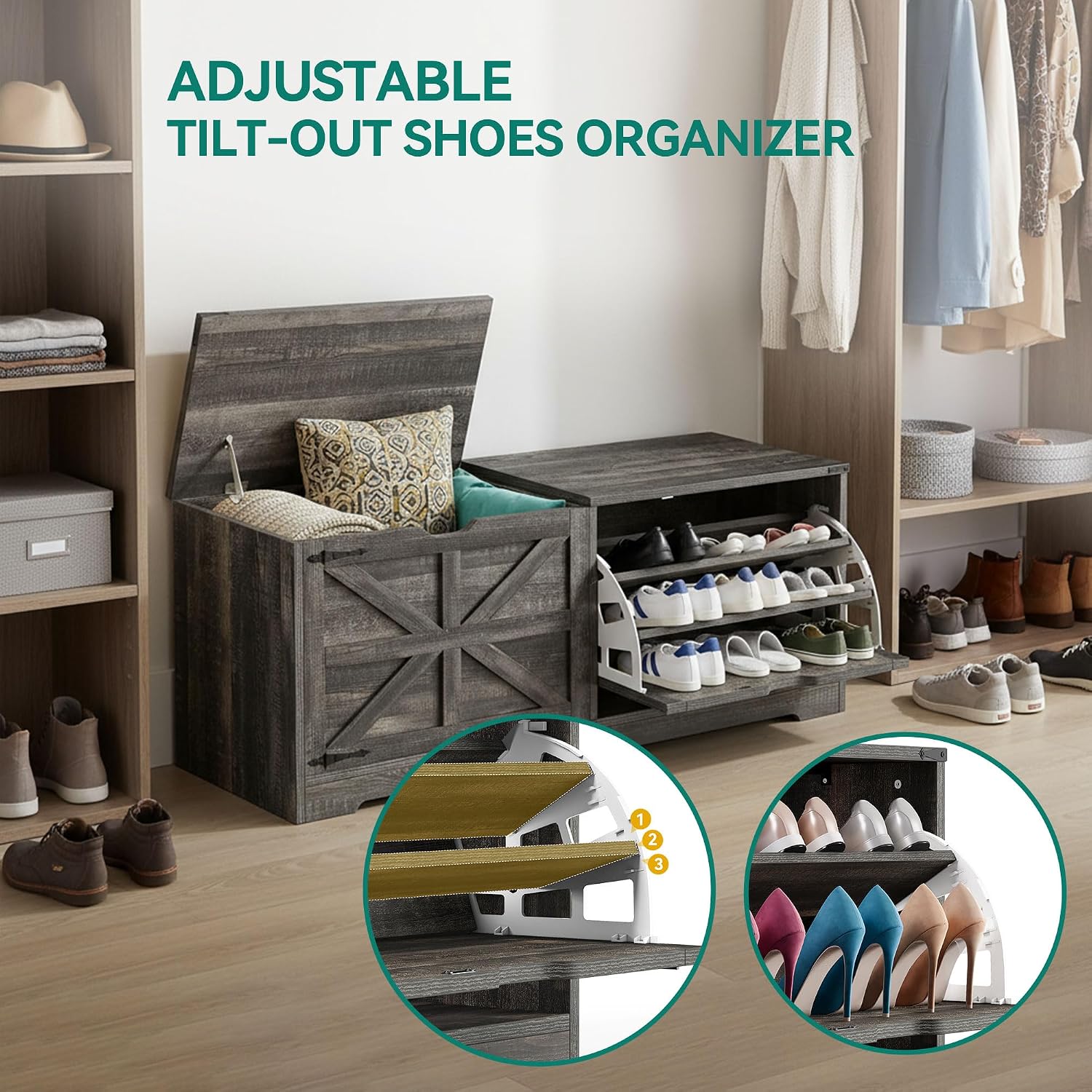 55 Inch Farmhouse Drawer Shoe Storage Bench