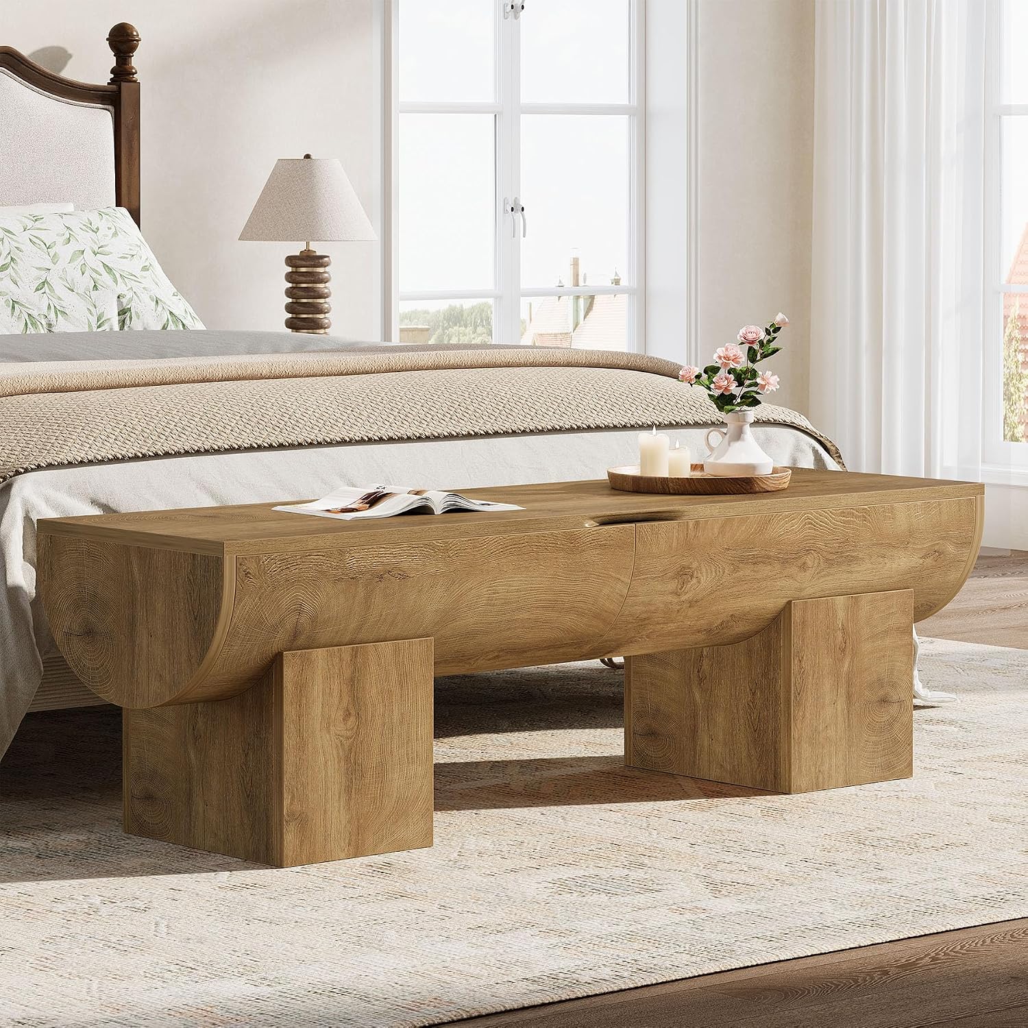 55 Inch Natural Farmhouse Flip Top Storage Bench