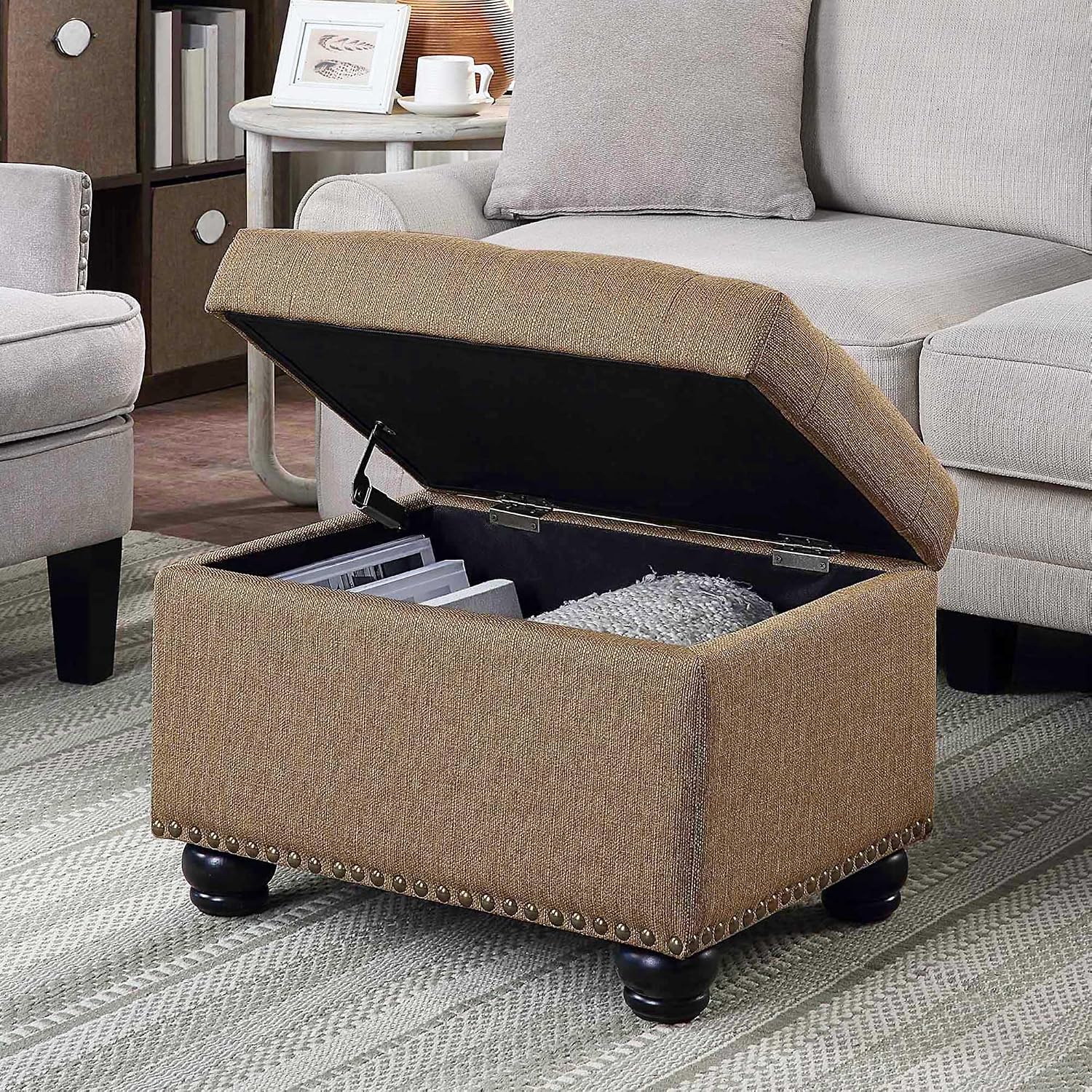 24 Inch Sandstone Fabric Storage Ottoman