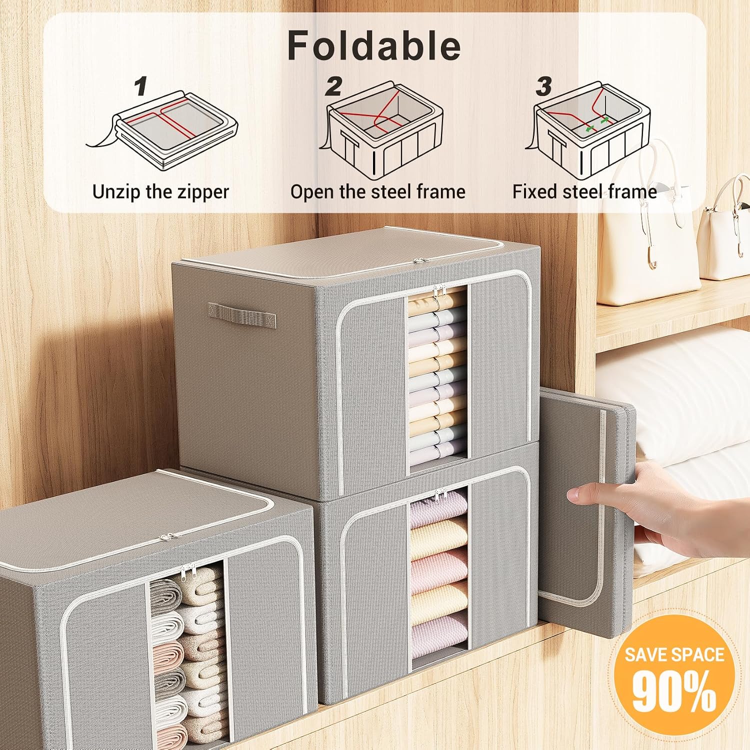 3 Pack Metal Frame Clothes Storage Bins