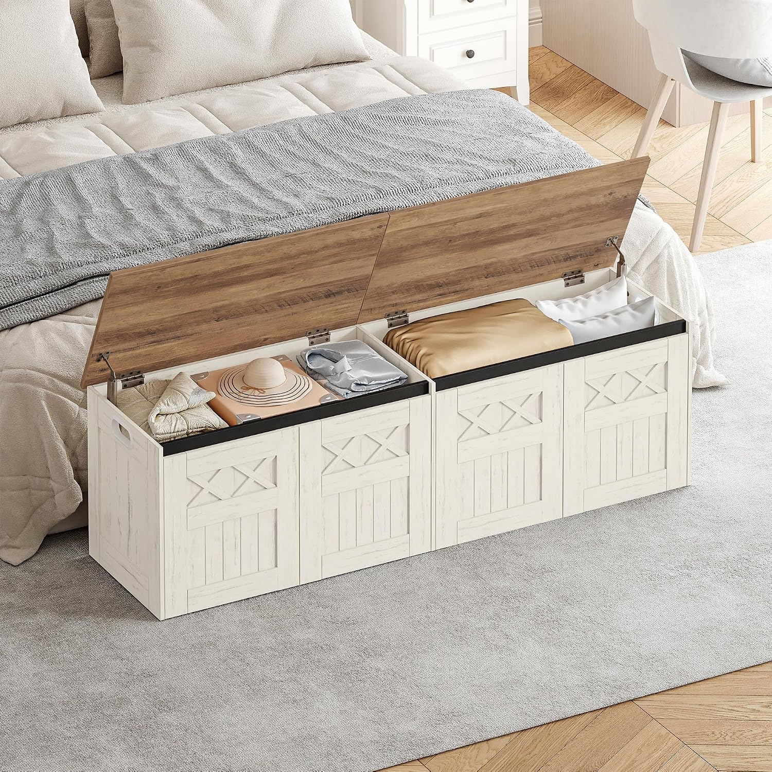 59 Inch Retro White Wooden Storage Bench Chest
