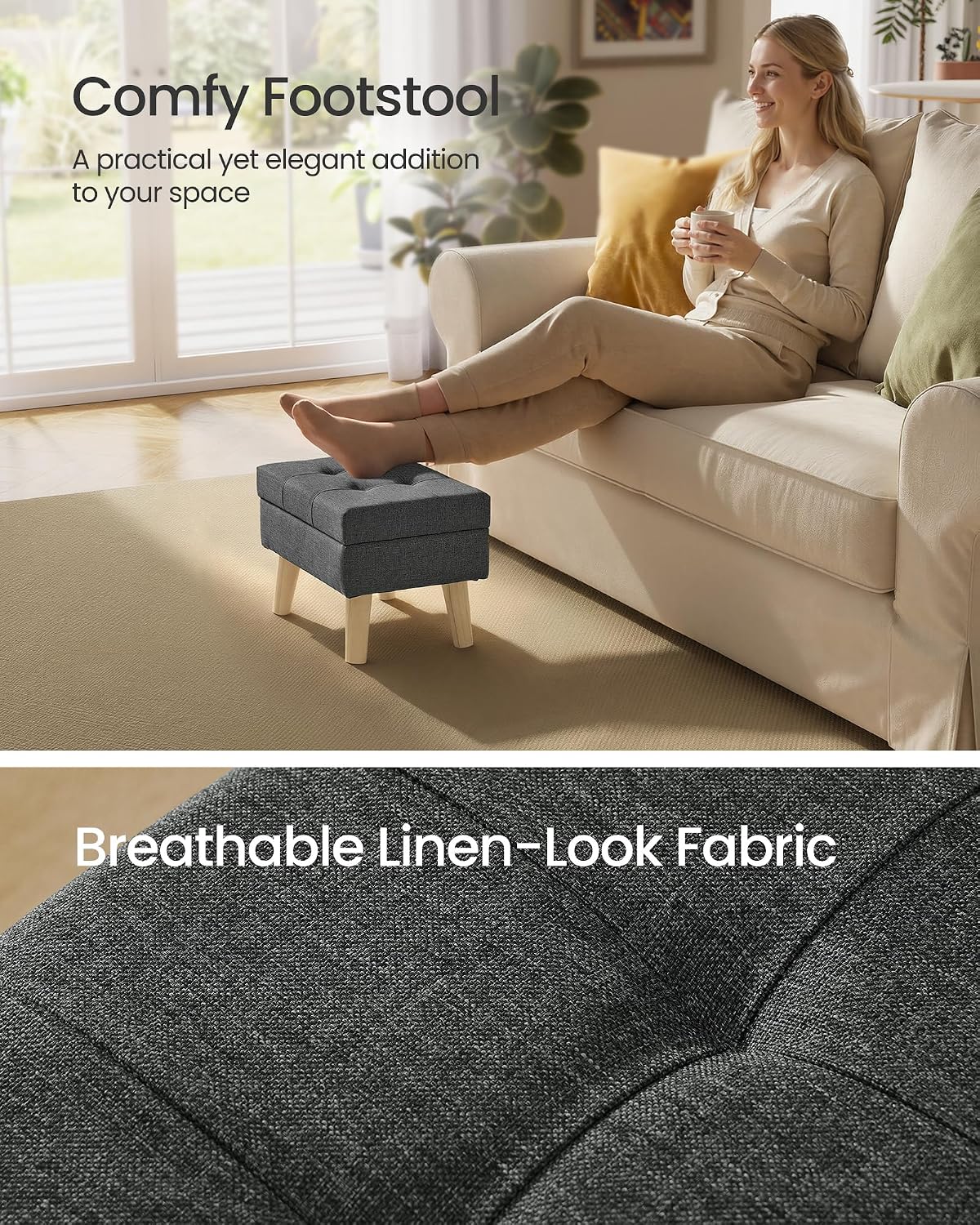 Gray Linen Fabric Storage Ottoman